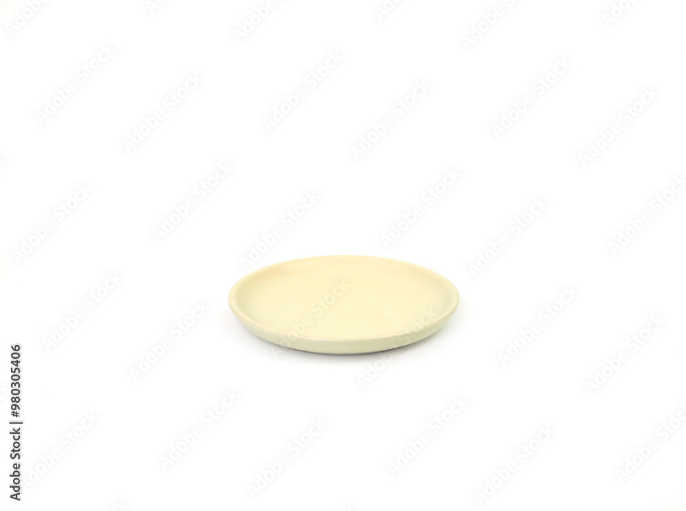 Empty beige round ceramic plate of sauce isolated on a white background. Use for home or restaurant, food design. Kitchen accessory. Front view, Mockup and template for design, and banner.. Empty beige round ceramic plate of sauce isolated on a white background. Use for home or restaurant, food design. Kitchen accessory. Front view, Mockup and template for design, and banner..