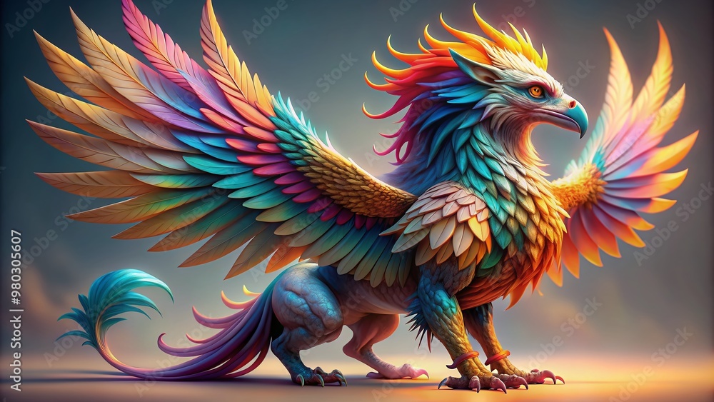 Vibrant 3D griffin with endearing expression stands graciously on a pristine white background, showcasing its majestic wings and radiant colors in a stunning digital artwork. Vibrant 3D griffin with endearing expression stands graciously on a pristine white background, showcasing its majestic wings and radiant colors in a stunning digital artwork.