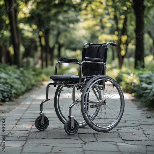 Empty wheelchair positioned on a pathway in a lush garden setting