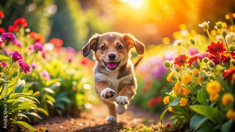 Happy small brown puppy runs freely in a vibrant garden filled with colorful flowers, warm sunlight, and lush greenery, exuding pure joy and playfulness. Happy small brown puppy runs freely in a vibrant garden filled with colorful flowers, warm sunlight, and lush greenery, exuding pure joy and playfulness.