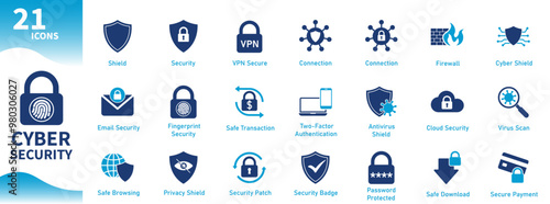 Cyber ​​security icon. Collection of icons about protection, shield, internet, cyberspace, technology, firewall. Solid vector icons.