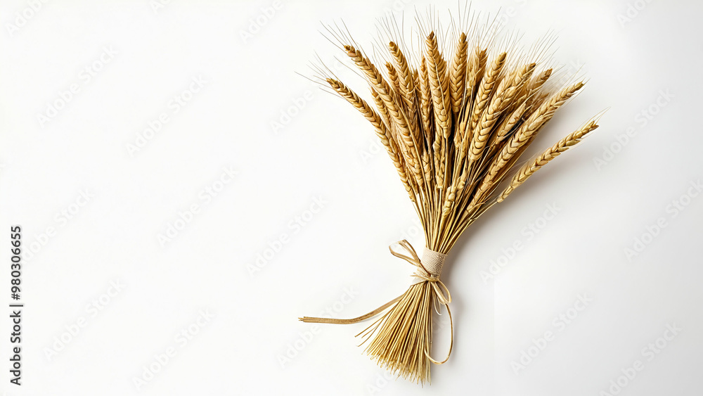 Fototapeta premium Wheat bundle decorative sheath tied with raffia bow on white background. Agricultural organic harvest summer autumn food,white and gray background,