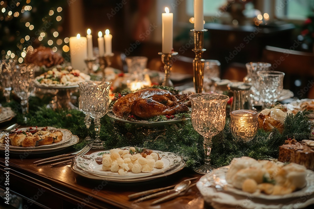 festive christmas dinner table laden with traditional dishes and decorations warm candlelight elegant place settings seasonal greenery cozy holiday atmosphere festive christmas dinner table laden with traditional dishes and decorations warm candlelight elegant place settings seasonal greenery cozy holiday atmosphere