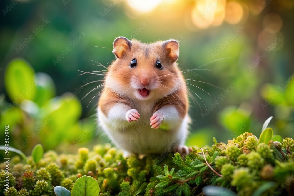 Adorable hamster leaps through air, tiny paws splayed, whiskers twitching, amidst lush greenery, conveying wonder and excitement in this heartwarming wildlife moment. Adorable hamster leaps through air, tiny paws splayed, whiskers twitching, amidst lush greenery, conveying wonder and excitement in this heartwarming wildlife moment.