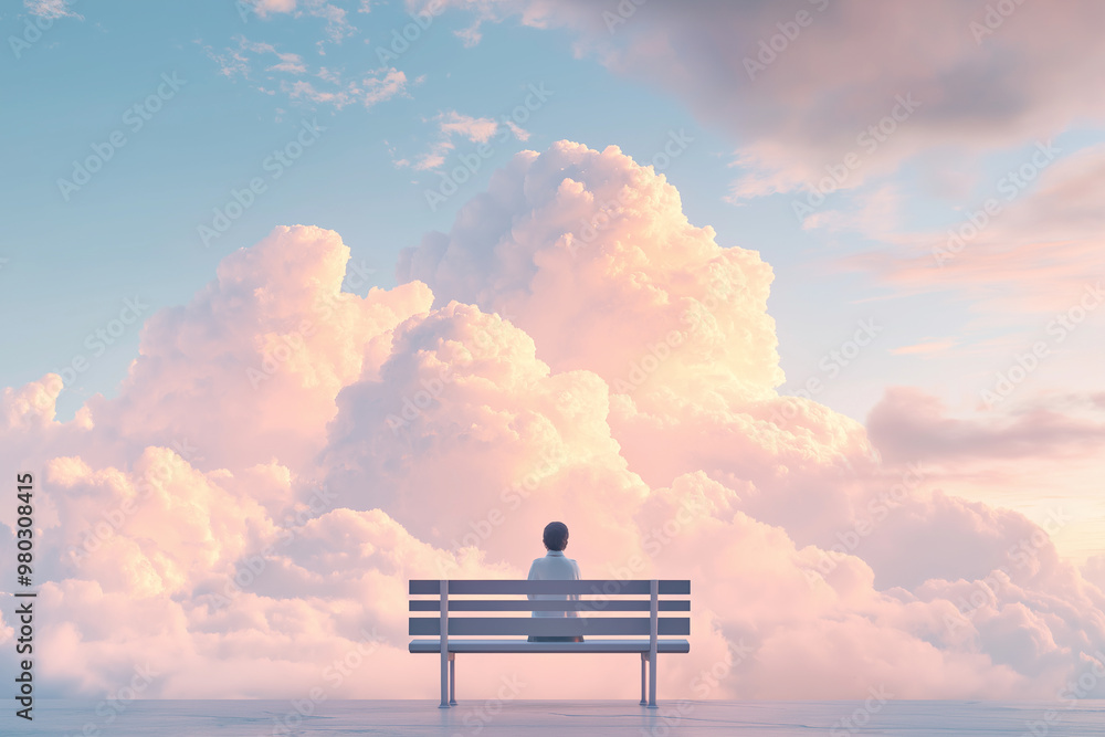 Person sitting on bench gazing at serene sky filled with fluffy clouds. Person sitting on bench gazing at serene sky filled with fluffy clouds.