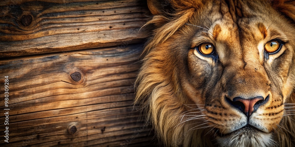 Fototapeta premium Intense closeup of a lion's eye in a warm brown tone, showcasing intricate eyelashes and fur texture, set against a rustic wood background, exuding fierce wildness.