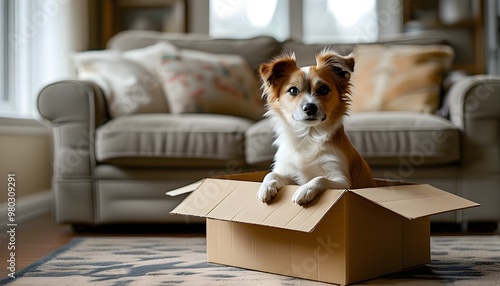 Curious dog perched on cardboard boxes in a cozy living room, gazing directly at the camera with an inquisitive expression