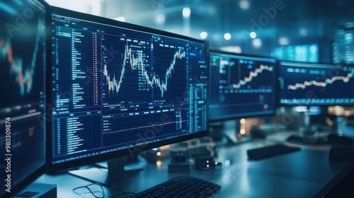 Wallpaper Mural A digital currency exchange platform displayed on multiple computer monitors in a high-tech office. Traders are analyzing market trends Torontodigital.ca