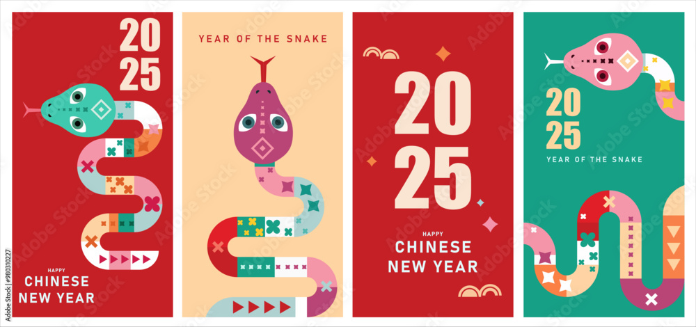 Fototapeta premium Set of 2025 Chinese new year, year of the snake banner templates design with modern geometric style snakes. Notebook cover, brochure, postcard, banner.