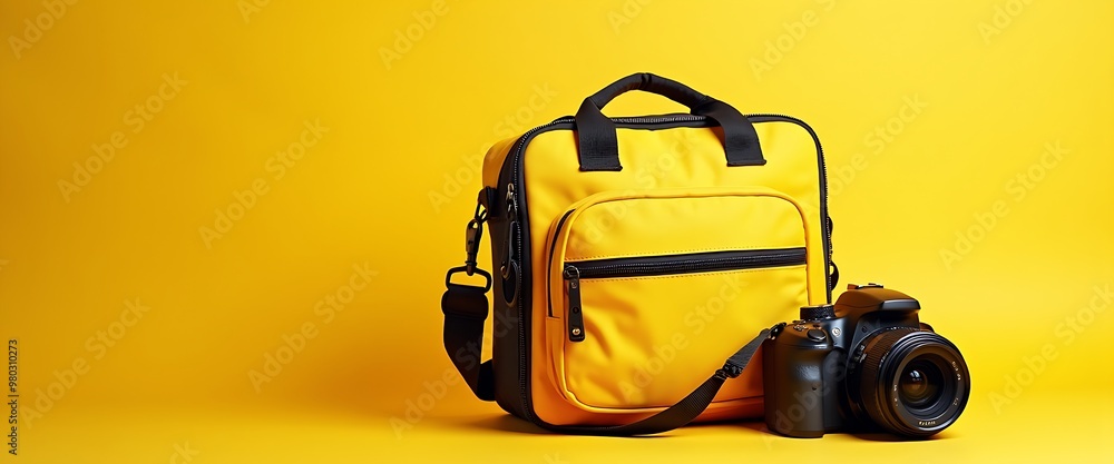 Fototapeta premium A digital camera and a yellow camera bag isolated on yellow background with copy space