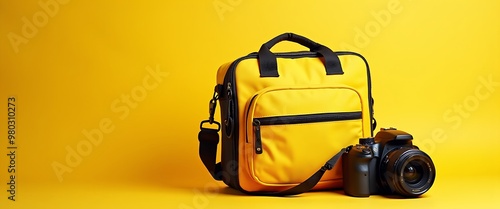 A digital camera and a yellow camera bag isolated on yellow background with copy space photo