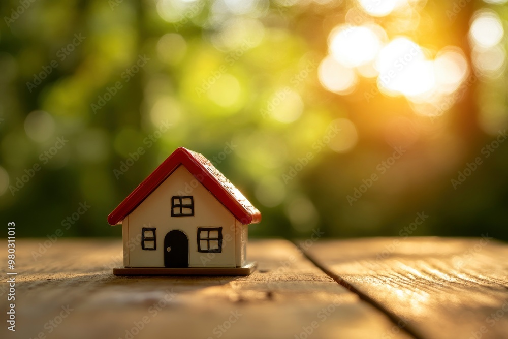 Toy House On Wooden Table Background With Sunlight - Real Estate / Housing Market Concept with generative ai Toy House On Wooden Table Background With Sunlight - Real Estate / Housing Market Concept with generative ai