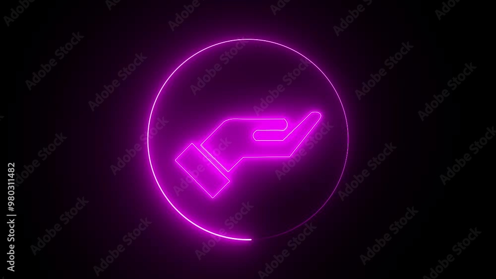 Glowing neon line purple color hand icon with neon glowing circle on black background. Glowing neon line purple color hand icon with neon glowing circle on black background.