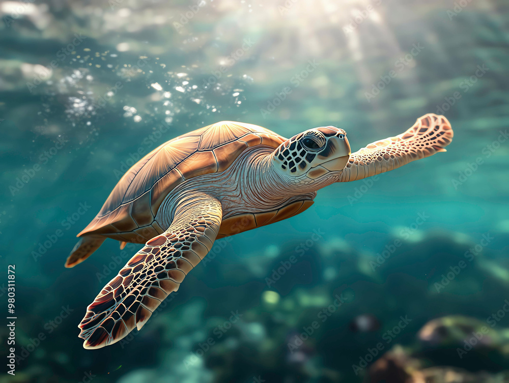 Obraz premium Majestic sea turtle gliding through crystal-clear waters, 3D illustration
