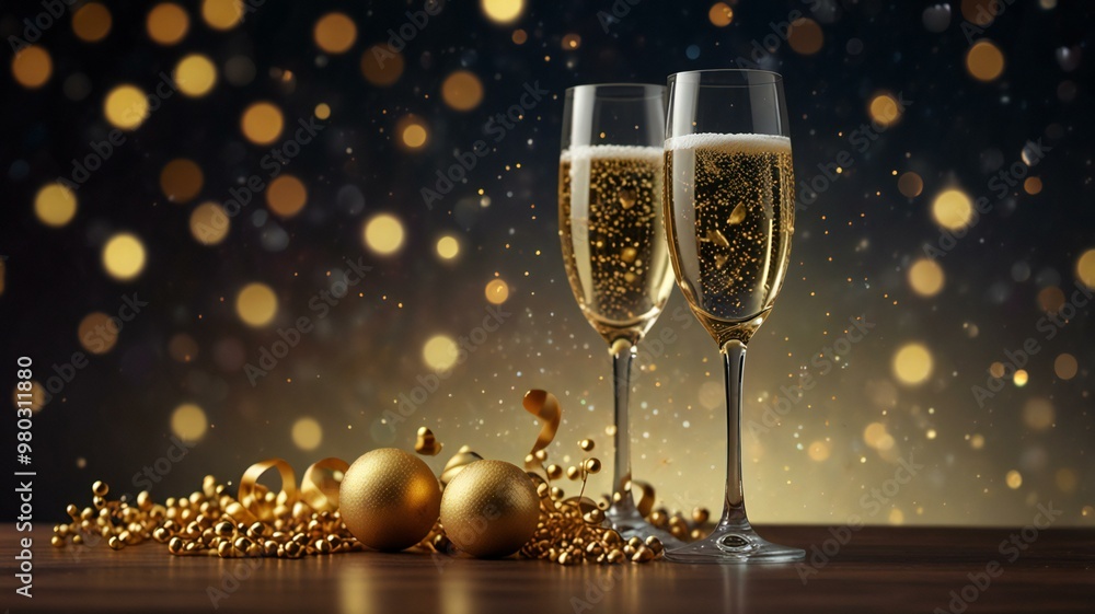 champagne glasses and christmas decorations champagne glasses and christmas decorations