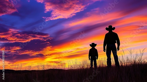 Father and son cowboy silhouettes against a vibrant sunset 