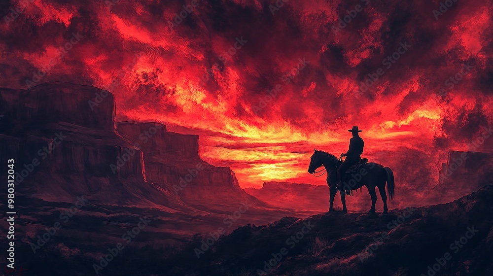 A dramatic digital painting depicting a cowboy on horseback silhouetted against a vibrant red sunset, surrounded by a canyon landscape. A dramatic digital painting depicting a cowboy on horseback silhouetted against a vibrant red sunset, surrounded by a canyon landscape.