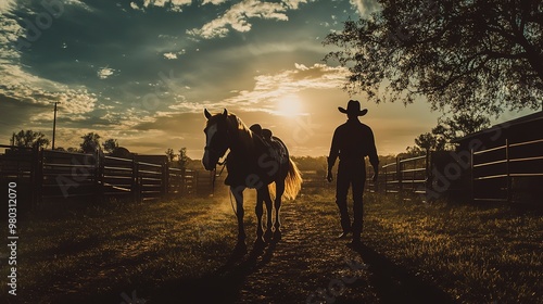 A shadow cowboy leads his horse to the stables, creating an idyllic picture on the ranch.