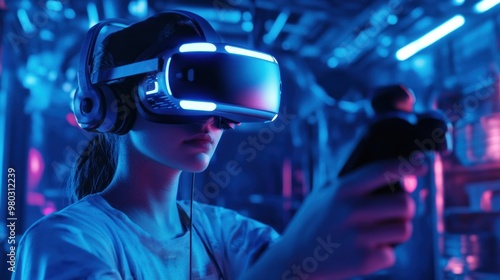 A futuristic VR gaming arena, where players use VR glasses and controllers to battle in a fully immersive, 3D fantasy world. The vibrant visuals and intense action transport players into the game.