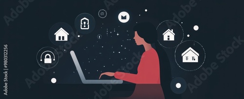 Woman Working on Laptop with Smart Home Icons