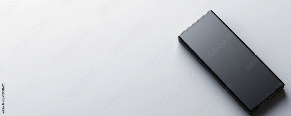 A sleek black rechargeable battery lying flat on a light grey background with subtle shadows, Minimalist, Clean, Studio Photography A sleek black rechargeable battery lying flat on a light grey background with subtle shadows, Minimalist, Clean, Studio Photography