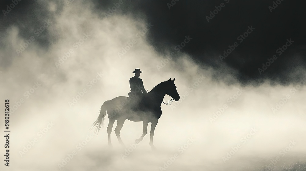 A majestic horse and rider in a dramatic fog A majestic horse and rider in a dramatic fog