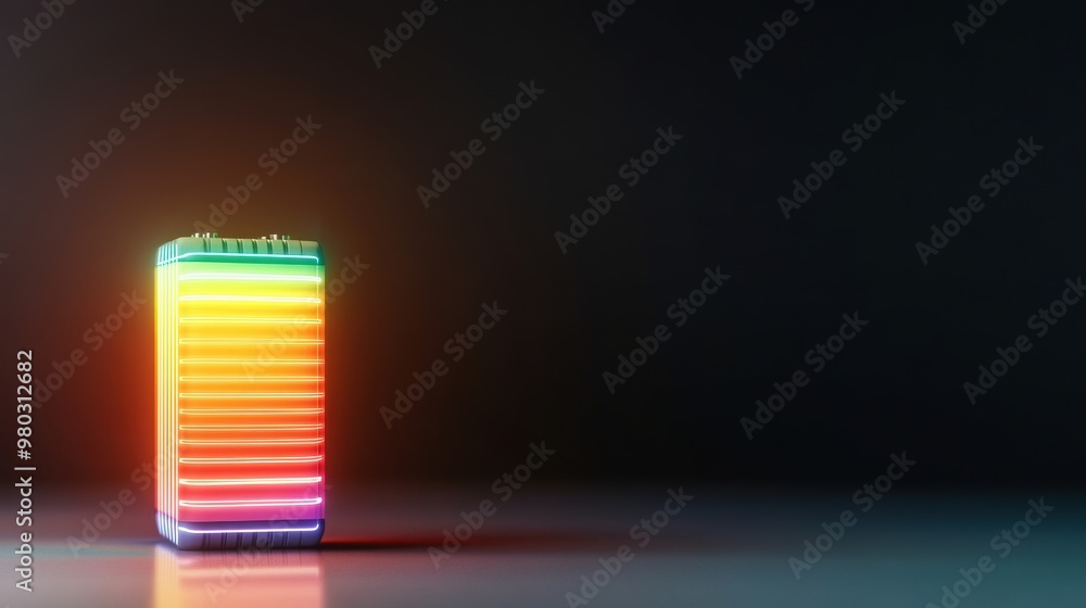 Fully charged battery displayed in neon colors, glowing against a black gradient background Fully charged battery displayed in neon colors, glowing against a black gradient background