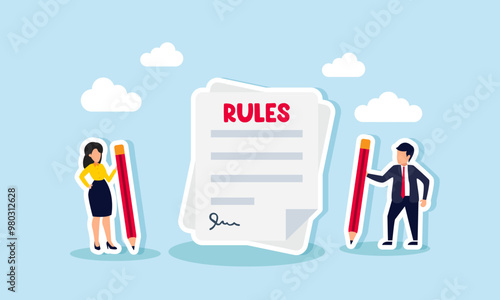 A businessman and businesswoman each holding a pencil to sign agreed-upon rules, illustrating an agreement on planning rules for a joint venture business concept