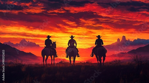 Three cowboys on horseback silhouetted against a vibrant sunset landscape. 