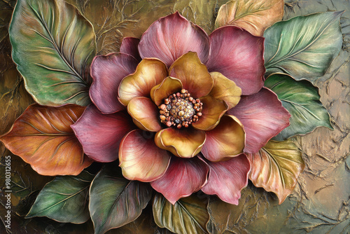 Wallpaper Mural Decorative bas relief with blooming colorful flower with colored buds on textured background. Detailed stucco relief with floral ornamentation Torontodigital.ca