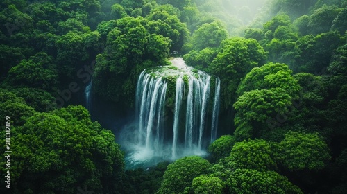 A high-tech drone soars over a dense forest, photographing a cascading waterfall hidden deep in the wilderness