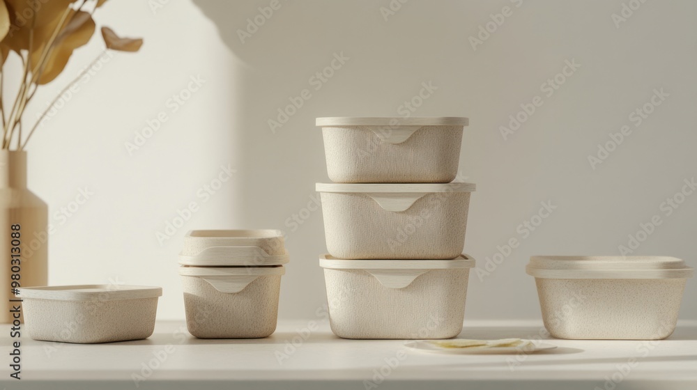 A minimalist design of a reusable packaging system for takeout food, showing stackable containers made from natural fibers A minimalist design of a reusable packaging system for takeout food, showing stackable containers made from natural fibers