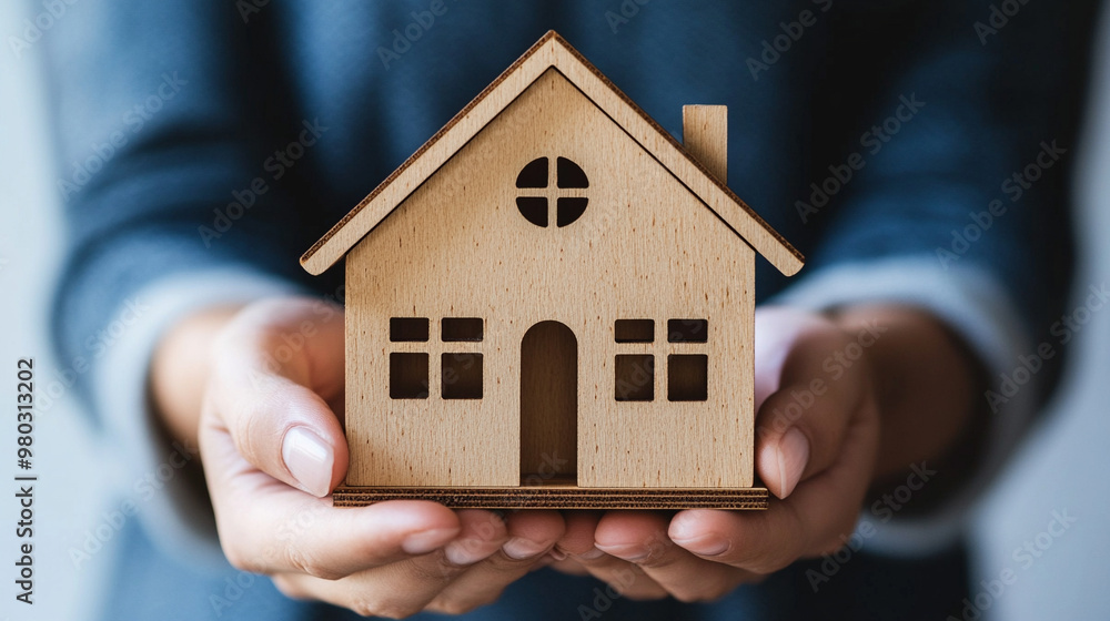 person holds a minimal wooden house model, symbolizing security, stability, and the concept of home. The clean, simple design reflects minimalism and represents the dream of ownership and new beginnin person holds a minimal wooden house model, symbolizing security, stability, and the concept of home. The clean, simple design reflects minimalism and represents the dream of ownership and new beginnin