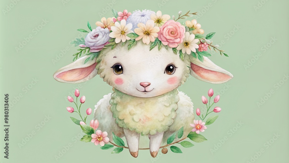 Naklejka premium Whimsical watercolor painting of adorable little sheep wearing flower garlands on soft pastel green background, perfect for a nursery's calming and playful ambiance.