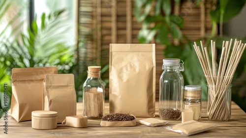 A scene showing various types of sustainable packaging, including compostable bags, paper straws, and reusable glass bottles, arranged on a wooden table