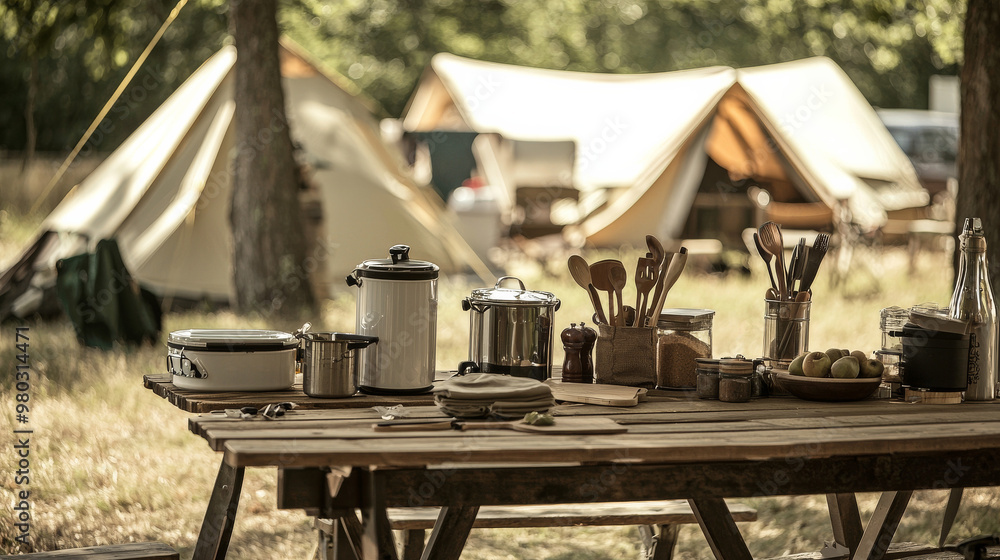 Obraz premium “Woodland Feast: Kitchen Gear and Dining Table in Nature”
