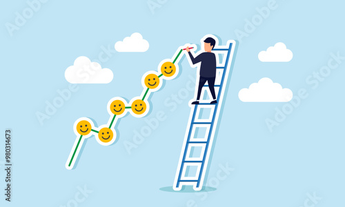 A businessman climbing a ladder and writing a growth chart with a smiling emoji, illustrating the progress of increasing engagement or attention from the target market or public