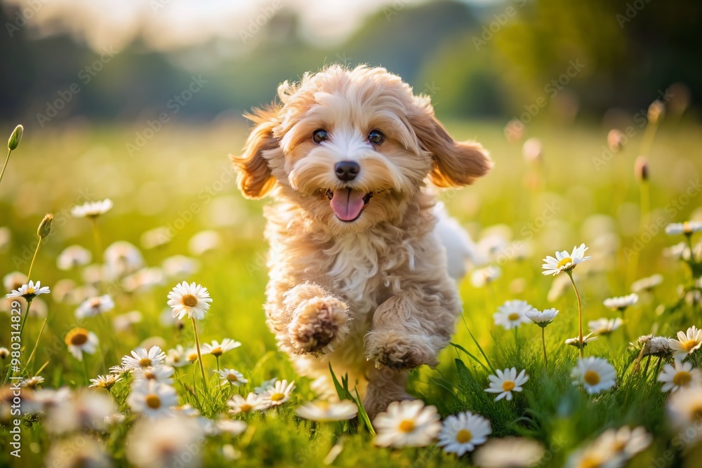 Adorable fluffy cockapoo puppy runs freely through a vibrant sunny field of bright white daisies and green grass on a warm summer day. Adorable fluffy cockapoo puppy runs freely through a vibrant sunny field of bright white daisies and green grass on a warm summer day.