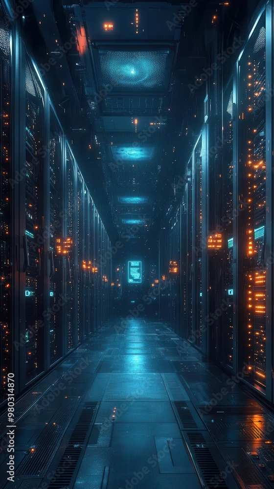 futuristic data center interior rows of sleek server racks emitting soft blue glow holographic interfaces floating midair technicians in augmented reality gear monitoring systems futuristic data center interior rows of sleek server racks emitting soft blue glow holographic interfaces floating midair technicians in augmented reality gear monitoring systems
