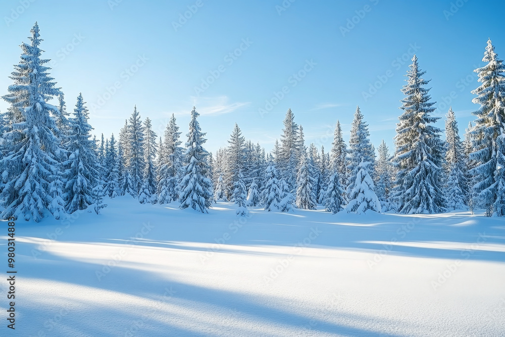 A serene winter landscape with snow-covered pine trees and a clear blue sky, capturing the tranquility and purity of nature in the cold season A serene winter landscape with snow-covered pine trees and a clear blue sky, capturing the tranquility and purity of nature in the cold season