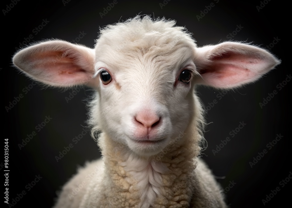 Fototapeta premium Adorable white lamb with fluffy fur and innocent eyes poses on a black background, evoking feelings of warmth, cuteness, and serenity in a beautiful portrait.