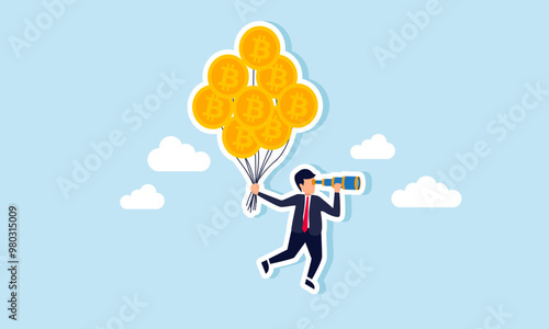 A businessman using a telescope while hanging in the sky, holding a rope tied to several bitcoin balloons, illustrating monitoring and analyzing bitcoin valuation movements due to external factors