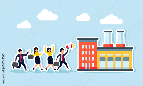 A group of employees walking towards a factory for a protest, illustrating a demonstration due to delayed wages or denied employee rights