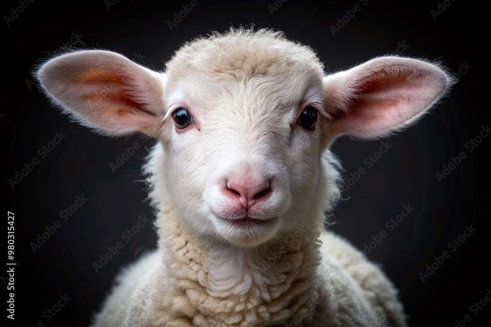 Fototapeta premium Adorable white lamb with soft fluffy fur and endearing expression poses on a sleek black background, highlighting its innocence and gentle nature.