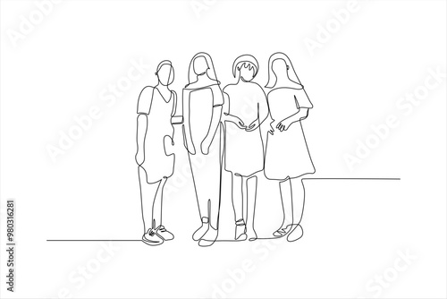 continuous line of four women standing