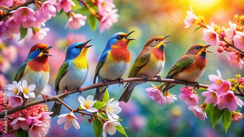 Vibrant blossoms sway to the rhythm of birdsong as beaks open wide, unleashing a joyful melody, amidst a kaleidoscope of colors, capturing nature's perfect harmony. photo