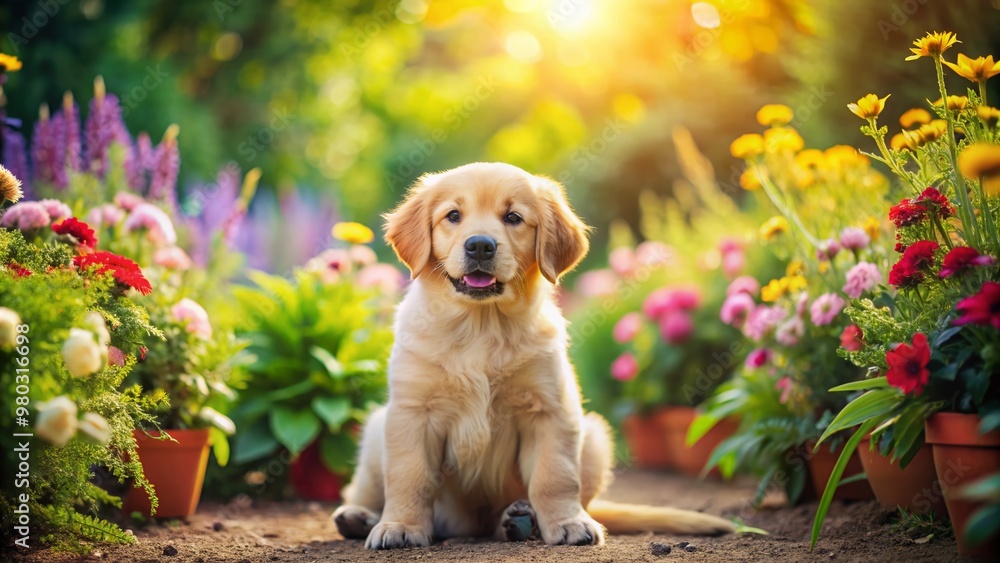 Adorable golden retriever puppy sits calmly in a serene lush green garden surrounded by vibrant flowers, verdant shrubs, and a sunny afternoon ambiance. Adorable golden retriever puppy sits calmly in a serene lush green garden surrounded by vibrant flowers, verdant shrubs, and a sunny afternoon ambiance.