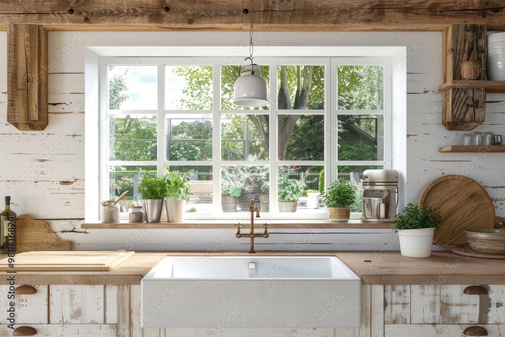 Cozy Scandinavian Kitchen with Farmhouse Sink and Blank Poster Mockup in Rustic Setting Cozy Scandinavian Kitchen with Farmhouse Sink and Blank Poster Mockup in Rustic Setting