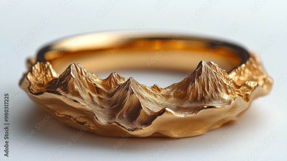A gold ring designed to resemble mountain peaks and landscapes. A gold ring designed to resemble mountain peaks and landscapes.