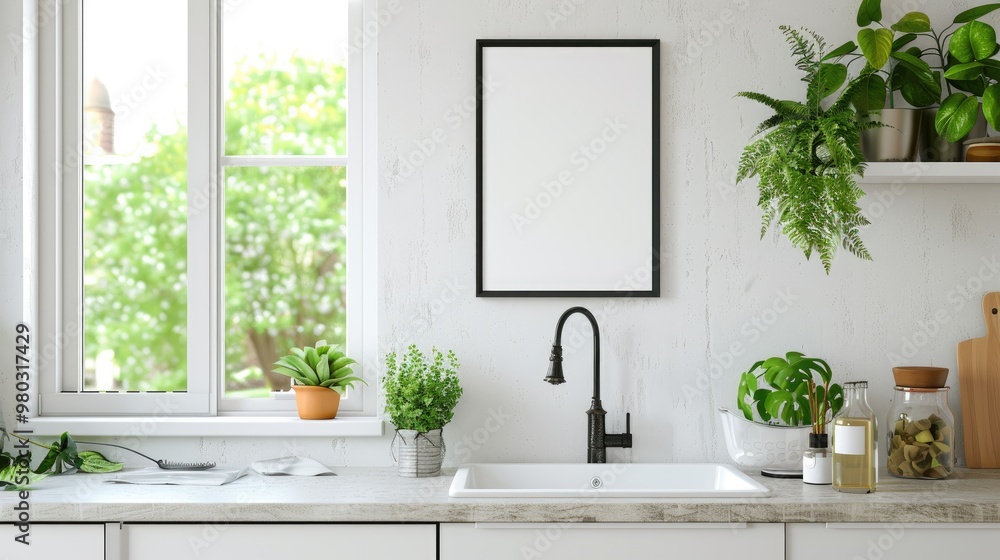 Fototapeta premium Fresh and Inspiring Kitchen Poster Mockup on White Wall with Garden View Close-up Decor Concept